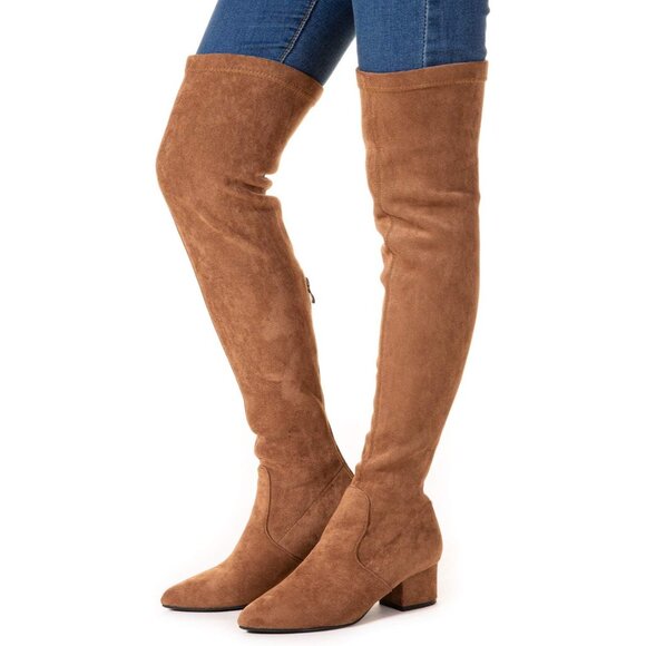 Women Brown 2 Inch Over the Knee Thigh High Suede Block Long Pointed toe Boots - Picture 3 of 7